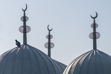 Fototapeta na wymiar Metal domes with finials of a mosque in Istaravshan, Sughd province, Tajikistan with pigeon