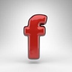 Letter F lowercase on white background. Red car paint 3D letter with glossy metallic surface.