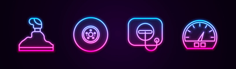Fototapeta na wymiar Set line Gear shifter, Car brake disk, Oil filler cap at gas station and Speedometer. Glowing neon icon. Vector.