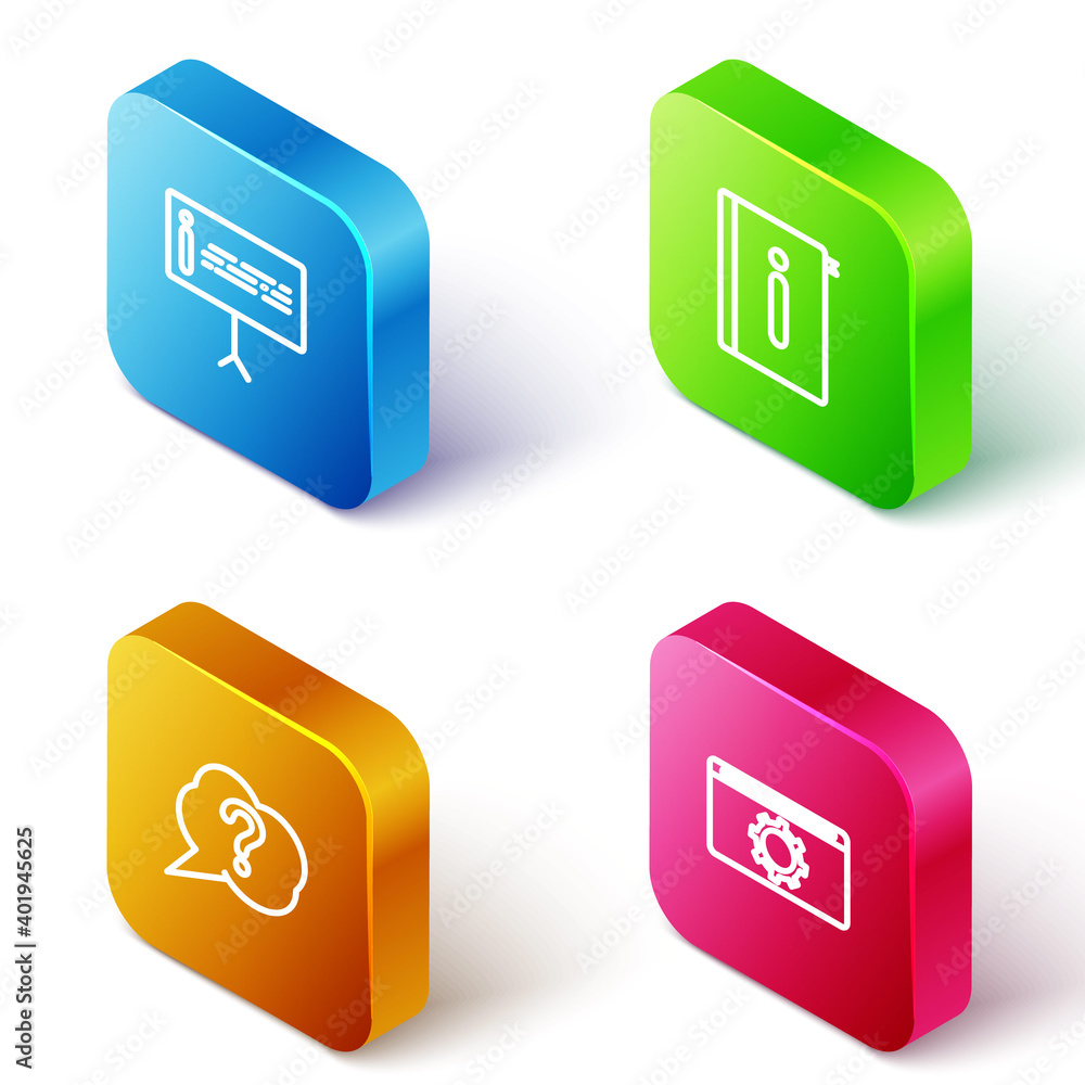 Aufkleber set isometric line information, user manual, speech bubble question and setting icon. vector.
