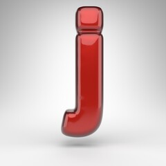 Letter J lowercase on white background. Red car paint 3D letter with glossy metallic surface.
