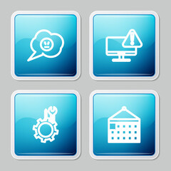 Set line Speech bubble with angry smile, Monitor exclamation mark, Wrench and screwdriver in gear and Calendar icon. Vector.