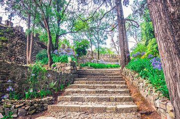 Courtyard of medieval Castle of Leiria Castelo de Leiria with stone surrounding wall and stairs, trees, flowers and green plants, Portugal