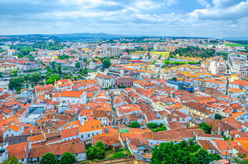 Aerial panoramic view of Leiria city old historical centre with red tiled roofs buildings, Beira Litoral province, Centro Region, Portugal
