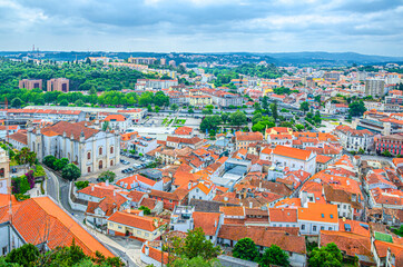 Aerial panoramic view of Leiria city old historical centre with red tiled roofs buildings and Our Lady of the Immaculate Conception Cathedral catholic church, Centro Region, Portugal