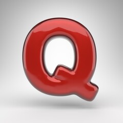 Letter Q uppercase on white background. Red car paint 3D letter with glossy metallic surface.