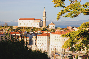 Obraz premium Red roofs of the historical center of old town Piran with main church against the sunset sky and Adriatic sea. Aerial view, Slovenia