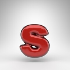 Letter S lowercase on white background. Red car paint 3D letter with glossy metallic surface.
