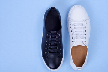above shot of a pair of smart casual sneaker shoes in a plain blue background