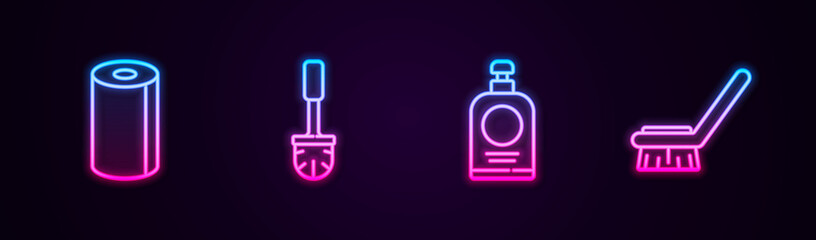 Obraz premium Set line Paper towel roll, Toilet brush, Hand sanitizer bottle and Brush for cleaning. Glowing neon icon. Vector.