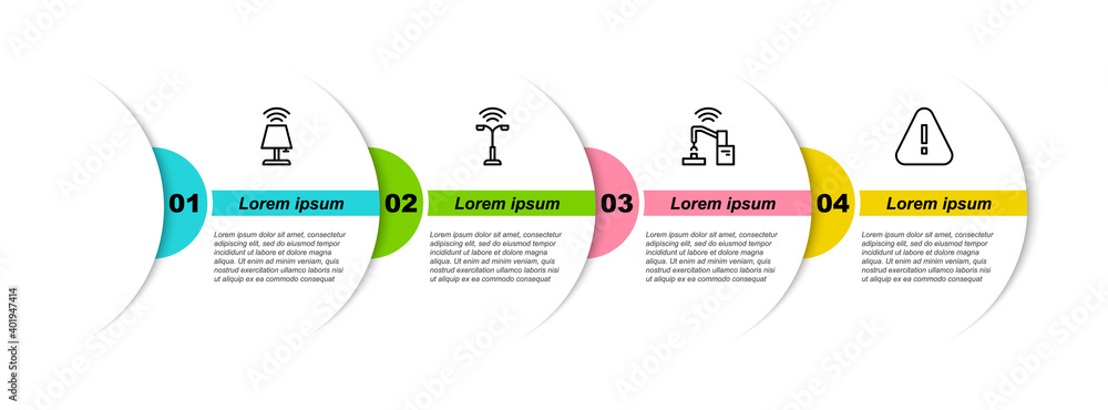 Poster set line smart table lamp, street light, robotic robot arm hand factory and exclamation mark in tria