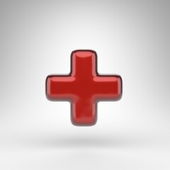Plus symbol on white background. Red car paint 3D sign with glossy metallic surface.