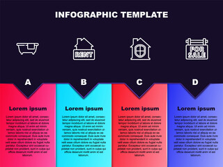 Set line Bathtub, Hanging sign with Rent, House under protection and For Sale. Business infographic template. Vector.