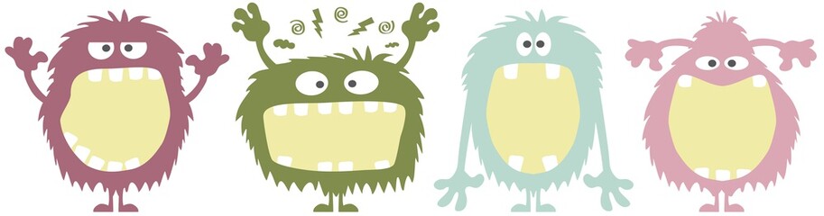 Set of little monsters with big gap-toothed open mouths, vector illustration