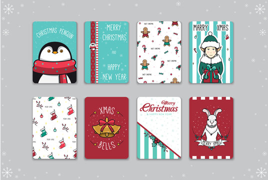 Image with Christmas cards. Postcards with Christmas characters. Postcards with Christmas ornament, penguin, elf, rabbit, bells. Vector illustration.