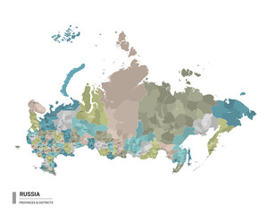 Russia higt detailed map with subdivisions. Administrative map of Russia with districts and cities name, colored by states and administrative districts. Vector illustration. - obrazy, fototapety, plakaty