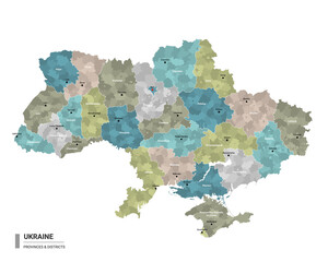 Ukraine higt detailed map with subdivisions. Administrative map of Ukraine with districts and cities name, colored by states and administrative districts. Vector illustration.