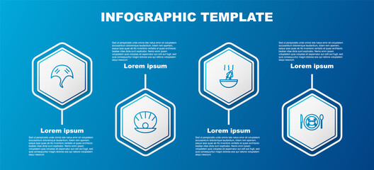 Set line Stingray, Shell with pearl, Soup octopus and Served crab on plate. Business infographic template. Vector.