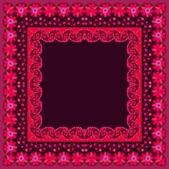 A scarf, napkin or square rug with an ornamental border of flowers and paisley and an empty brown center.