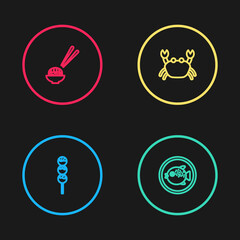 Set line Takoyaki on a stick, Puffer fish plate, Crab and Sushi icon. Vector.