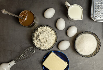Ingredients for making waffles at home. Eggs, flour, milk, sugar, condensed milk. Step-by-step instructions. step 1.