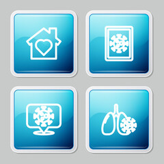 Set line House with heart inside, Virus statistics on monitor, Corona virus location and cells lung icon. Vector.