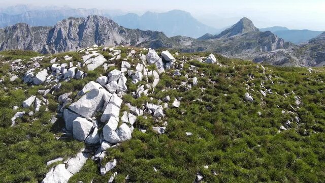 high mountain panorama taken by the drone - pastures and cocce of the Alps