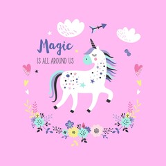 Cute unicorn greeting card. Magical unicorn vector poster.