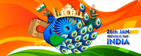 Illustration of Indian Happy Republic day celebration poster or banner abstract background with text 26 January and Indian Flag .
