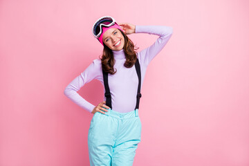 Photo of adorable sweet lady snowboarder wear purple pullover headwear glasses having rest arm...