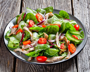 Salad of chicken, baby spinach and cherry tomatoes