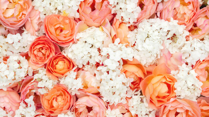 Floral design template with copy space for invitations, cards for valentine's day, wedding anniversary, mother's day. Orange roses and white hydrangea huge bouquet.