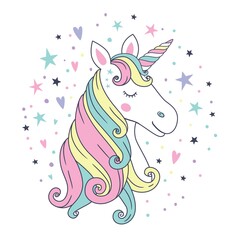 Cute beautiful unicorn head. Vector illustration.