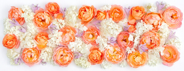 Floral banner in orange colors. Floral background with roses, hydrangea and bells for design template for invitations and cards for valentine's day, mother's day, wedding anniversary.