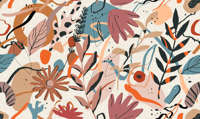 Trendy floral seamless pattern, grunge background, contemporary art