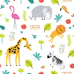 Seamless pattern with tropical animals. Creative nursery background. Perfect for kids design, fabric, wrapping, wallpaper, textile, apparel