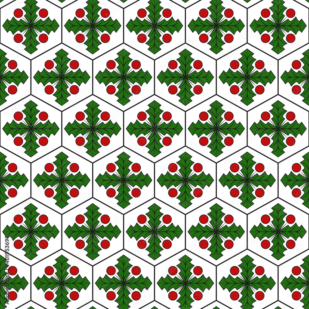 Poster seamless pattern with hexagons and abstract mistletoe sprigs. vector festive background.