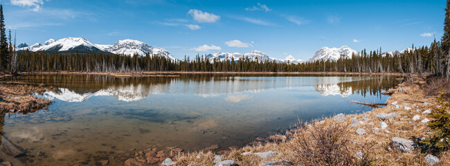 A panoramic shot of the mountains on the Smith Dorrien Trail, Kananaskis region, located in Alberta, Canada