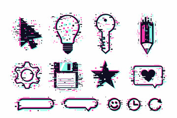Web icons set. User interface symbols, glitch style. GUI elements isolated on white. Vector clipart collection for mobile app.