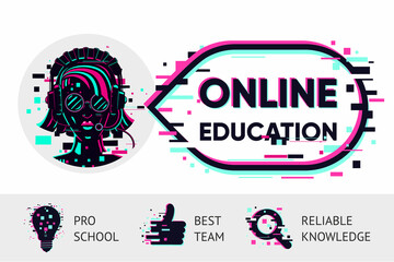 Online education vector background. E-learning illustration, glitch style. Web school concept. Coach woman portrait.