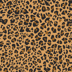 Leopard skin seamless pattern. Abstract pattern of dark spots on an orange background. Fabric print. Vector