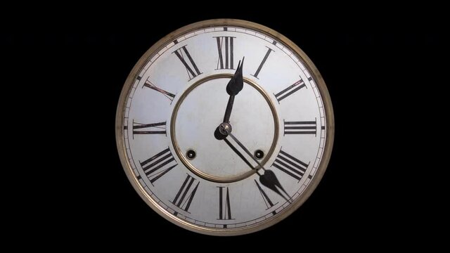 TIMELAPSE, CUT OUT ON BLACK, an antique clock with roman numerals