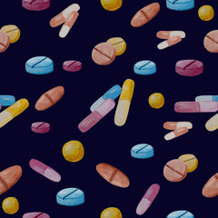 Watercolor seamless pattern of medicines, pills, tablets and capsules on a white background