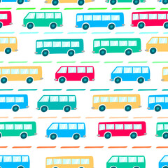 Bright colorful multicolored buses isolated on white background. Cute transport seamless pattern. Side view. Vector flat graphic hand drawn illustration. Texture.