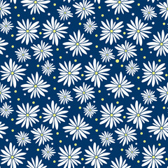 Fototapeta na wymiar Beautiful white chamomile flowers isolated on blue background. Cute floral seamless pattern. Vector flat graphic hand drawn illustration. Texture.