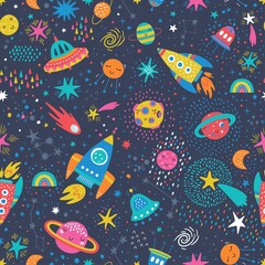 Seamless childish pattern with space elements, star.Creative nursery background. Perfect for kids design, fabric, wrapping, wallpaper, textile, apparel
