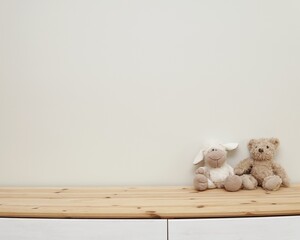 Empty nursery wall mockup, wooden shelf, soft toys, space for baby room wall decal, stickers,...