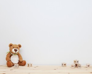 Empty nursery wall mockup, soft toy and wooden cubes, space for baby room wall decal, stickers or...