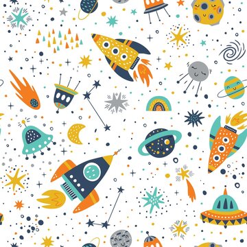 Seamless childish pattern with space elements, star.Creative nursery background. Perfect for kids design, fabric, wrapping, wallpaper, textile, apparel
