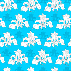 Seamless pattern with white flowers on a blue background. Hand drawn floral texture.